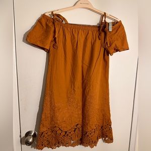 Madewell Off-shoulder rust embroidered cotton dress
